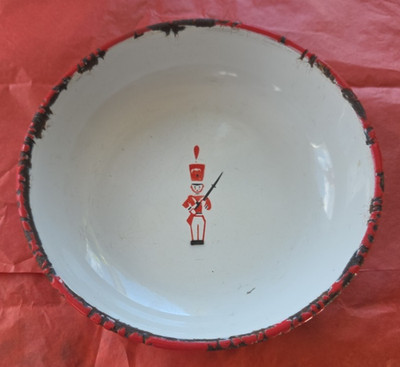 Vintage Sweden White Enamel Metal, Red Trim, Toy Soldier Bowl 6.5'' Diameter