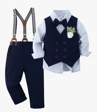 YALLET Toddler Boy Suit Wedding Outfits w/ Bowtie, Corsage, & Suspenders - 2-3T