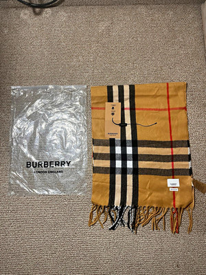 Burberry Kaschmir Schal kariert Beige/Schwarz/Rot mit Fransen & Logo Neu