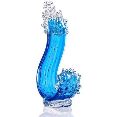 Blue Glass Sculpture Home Decor, Hand Blown Glass Art Statue, Glass Ocean Wav...