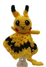 Crochet Pikachu Pokemon Plush  Handmade Styrofoam Yarn Yellow Black Decor 