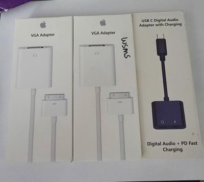 Lot of 3 Apple Adapters A1368 VGA (2x NEW) + USB-C Digital AV Adapter Open Box