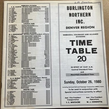 Burlington Northern INC Railroad Timetable #20 Denver Region 1980 Ephemera