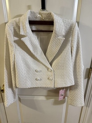 Avec Les Files Stylish White Jacket Dbl  Breasted Tailored New  Fringe Sleeve