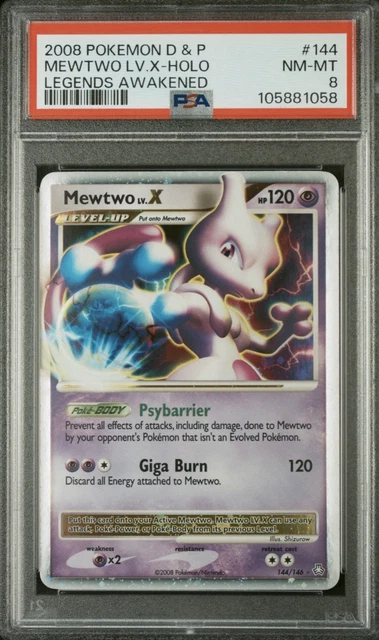 Pokemon 2008 Legends Awakened Mewtwo LV.X Holo Ultra Rare 144/146 PSA 8