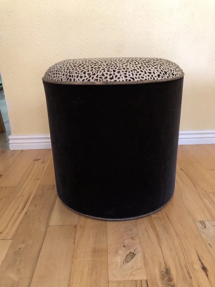 Custom Made Modern Drum Ottoman w/Cowhide Cheetah Print & Velour - Image 4 of 4