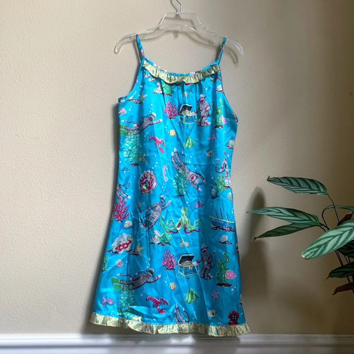 NWT Nick Nora Blue Satin Sock Monkey Nightgown Pajamas Holiday Xmas Girls L 12