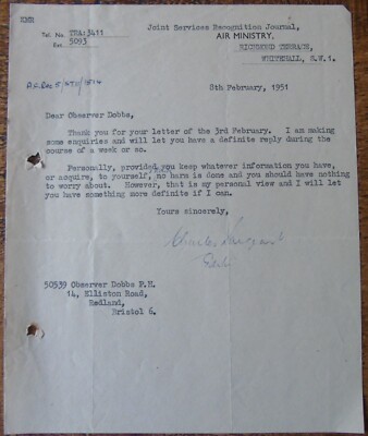 Gemeinsame Dienste Anerkennung Journal Luftfahrtministerium Brief an Beobachter PH Dobbs 1951
