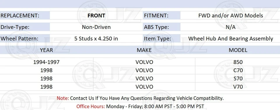 [DELANTERO (cantidad 1)] Conjunto de cojinete de rueda y buje de repuesto para Volvo S70 1998 tracción delantera Foto 2 de 4