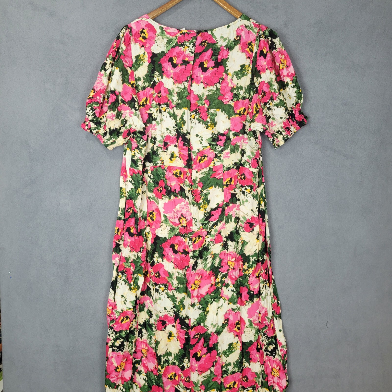 H&M Midi Dress Womens XL Multicolor Floral Square Neck Puff Sleeves Smocked Hems thumbnail 8