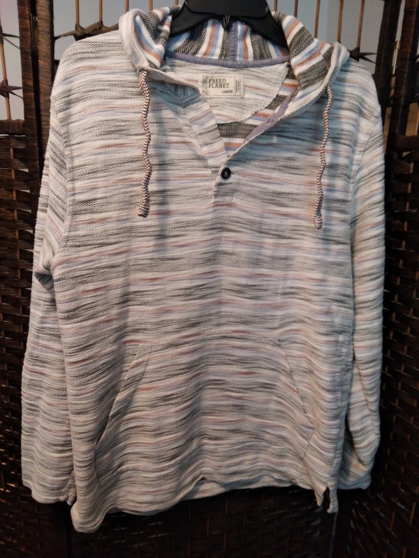 WOMENS FREE PLANET HOODED STRIPED POCKETED LONG SLEEVE SHIRT SIZE LARGE