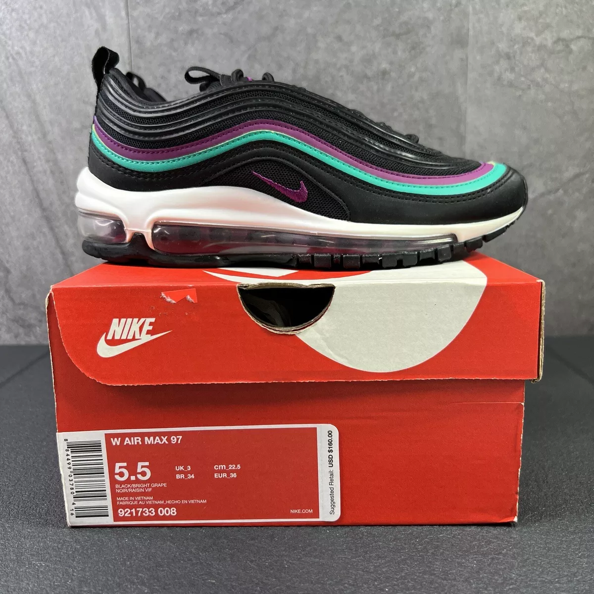 Nike Air Max 97 Black Grape 2018 Size 5.5 Womens Casual Shoes