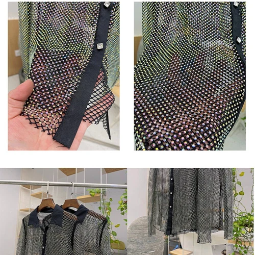 Lady Rhinestone Crystal Shirt Party Blouse Net Sheer Shiny Glitter Club Wear - Picture 14 of 16