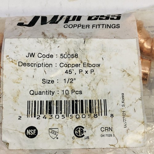 LOT OF 10 JW PRESS # 50058 COPPER ELBOW 45 DEGREES P x P SIZE 1/2"