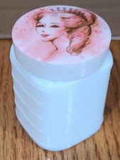 Tarro de vidrio de leche vintage Avon "Pink Princess" sobre crema de los años 70