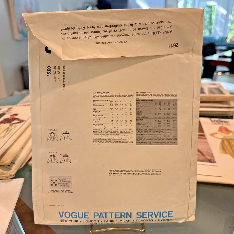 FREE SHIP! 2611 Vogue Patterns American Designer Anne Klein Sz 10 Blouse 1980s - Image 2 of 2