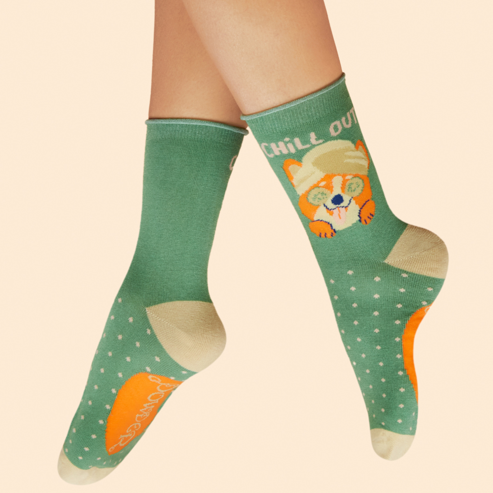 Ladies Bamboo Ankle Sock Chilled Corgi By Powder Design SS25