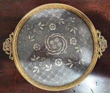 Antique French Gilt Brass Round Lace Vanity Tray Cover Ornate Floral Frame