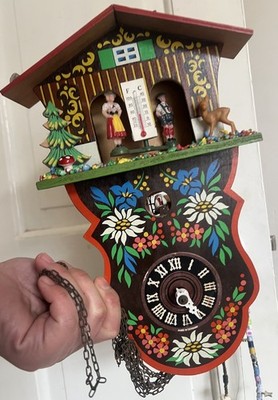20er Jahre Vintage Deutsche Kuckucksuhr Schwarzwald Wetterhaus 8'' gebrochenes Zifferblatt