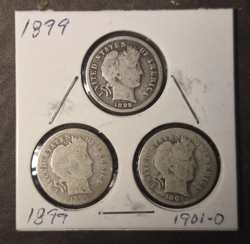 barber dimes lot of 3 circulated 90% silver 2-1899, 1-1901 O