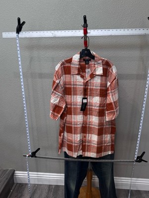 NWT Trust Copper Plaid Linen Blend SHORT SLEEVE BUTTON UP SHIRT XL 