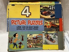 Vtg.1955 Whitman-4 Picture Puzzles-Lg. Sz. On Heavy Board-Circus/Train/Car/Sled