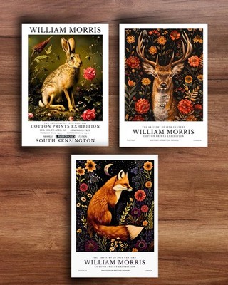 William Morris Vintage Waldtier Wandbild Set | Hase, Hirsch & Fuchs Drucke A4