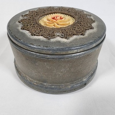 Rose Vintage Music Box Aluminum Metal Powder Trinket Vanity Carved Floral Top