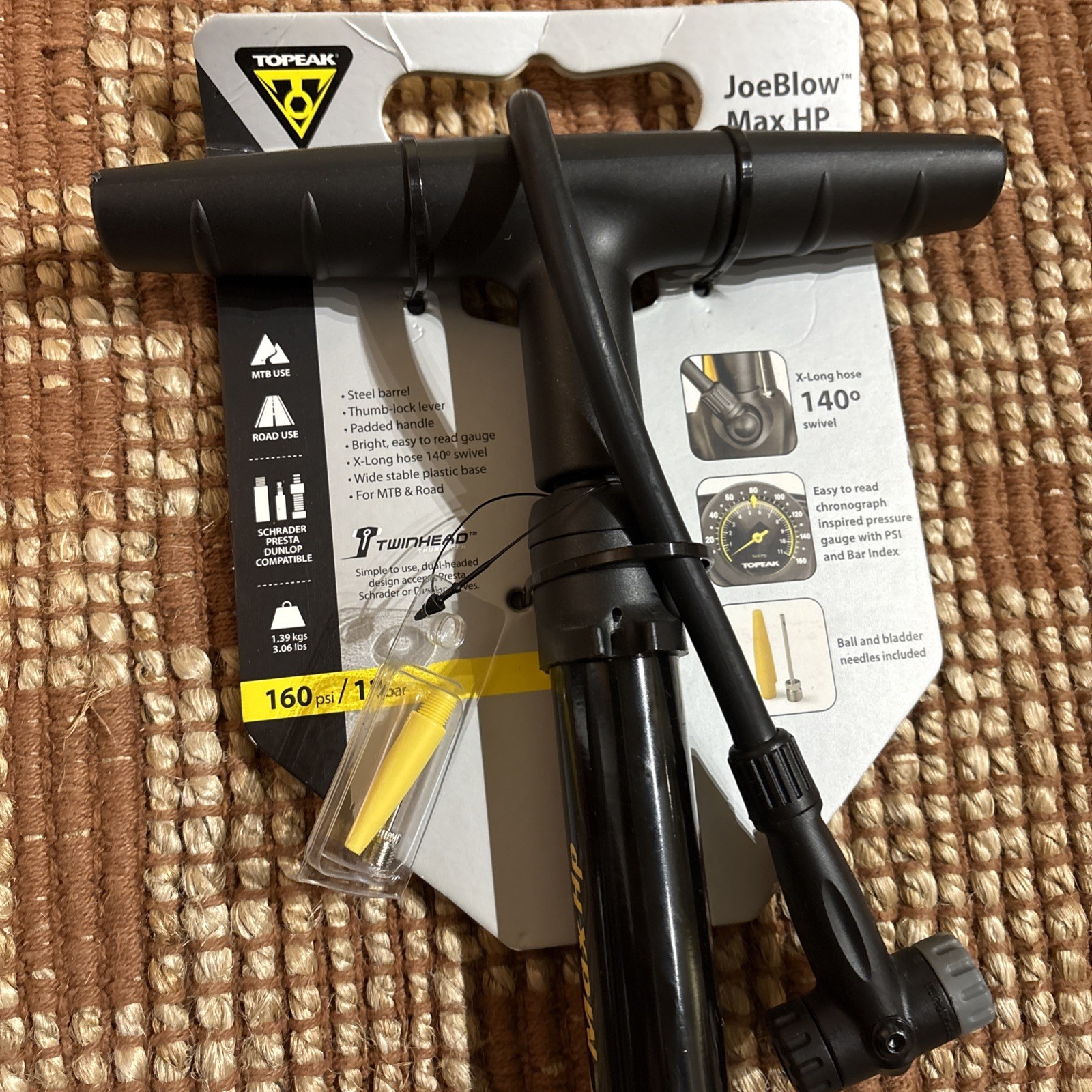 JoeBlow Max Hp Bike Floor Pump, 160 Psi/11 Bar, TwinHead, fits Presta, Schrad...