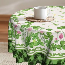 St. Patrick's Day Tablecloth Round 60" Green Shamrock Pink Floral Leaves