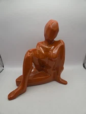 SIGNED JARU  Orange Pottery Cubist Sitting Nude Sculpture, California 1970s