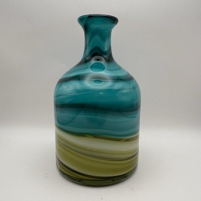 Hand Blown Swirled Blue Green Vase in the Style of Murano Art Glass