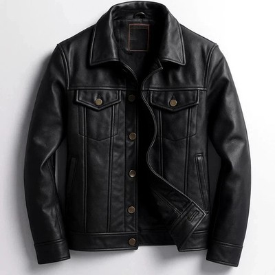 Men's Cafe Racer Handmade Genuine Black Leather Bomber Biker Trucker jacket