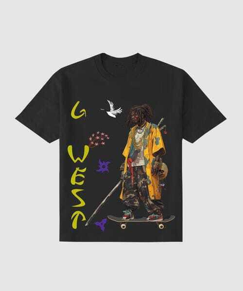 REGULAR FIT BLACK SAMURAI FRONT GRAPHIC T SHIRT