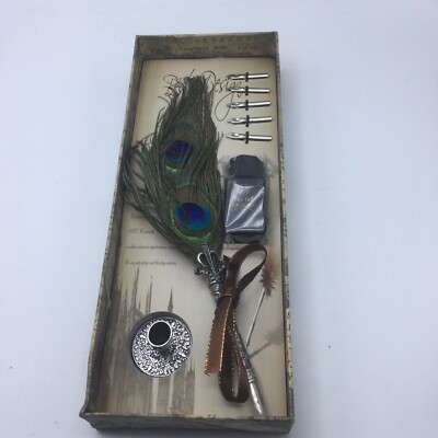 Calligraphy Feather Dip Peacock Pen Writing Ink Set Stationery Gift Box W/5 Nibs