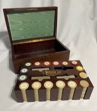 1900's Poker Set in Mahogany Case with 432 Chips and 3 Decks of Cards