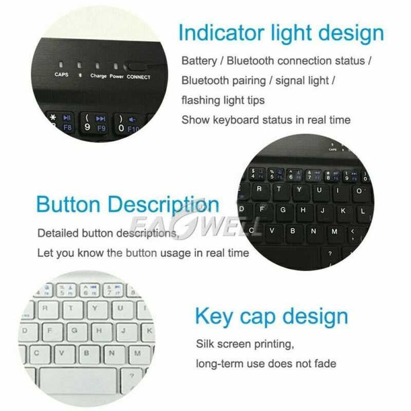 For 9.7/10/10.1" in Tablet Wireless Keyboard Soft Folio Leather Case Stand Cover - Image 3 of 4