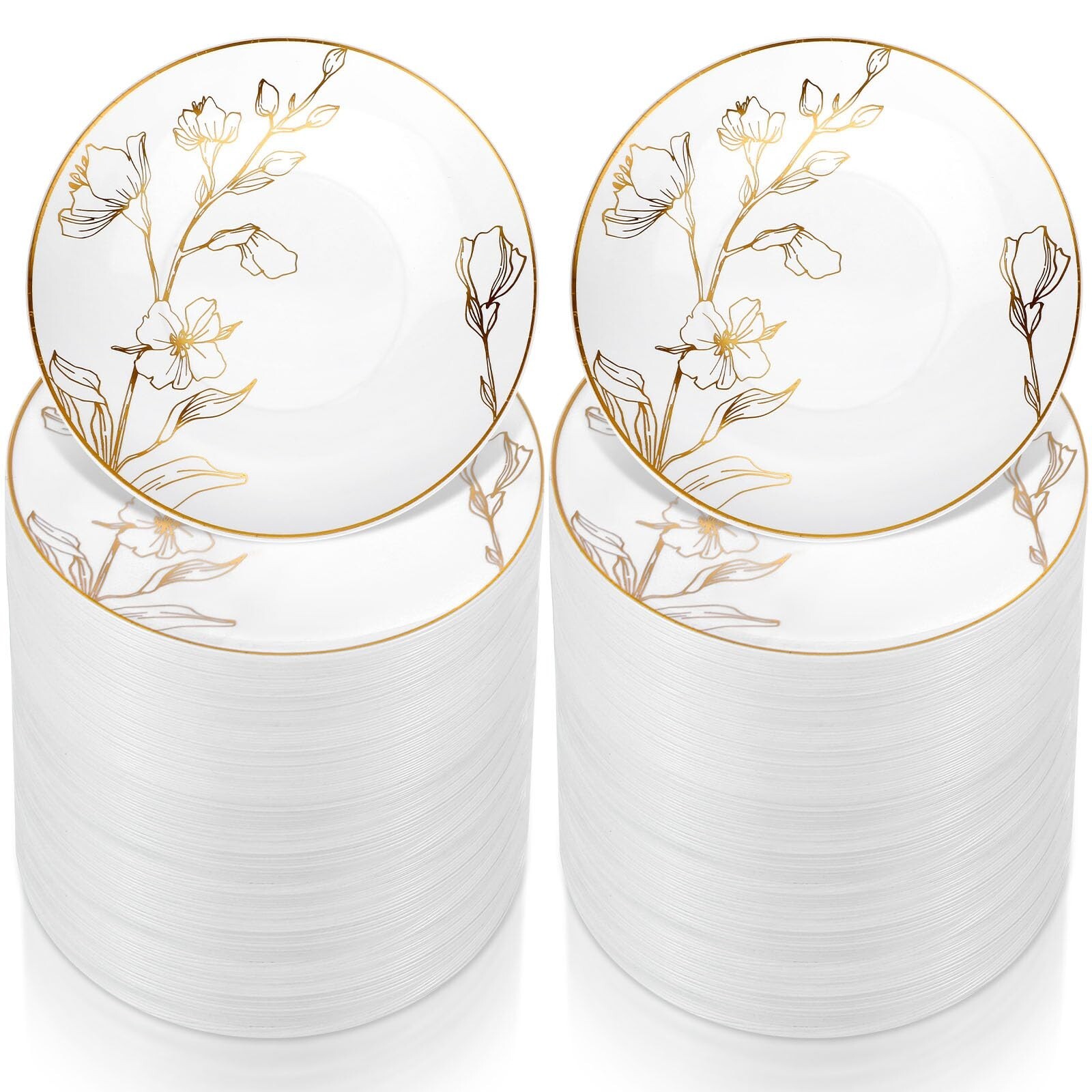 Mifoci 150-Pack 7-Inch White and Gold Floral Plastic Plates for Parties