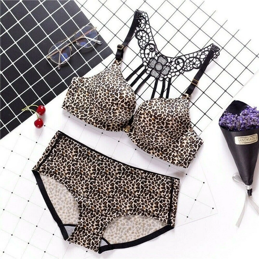 Front Closure Sexy Bra Sets Leopard Gather Lingerie Push Up Bra Panty Intimates