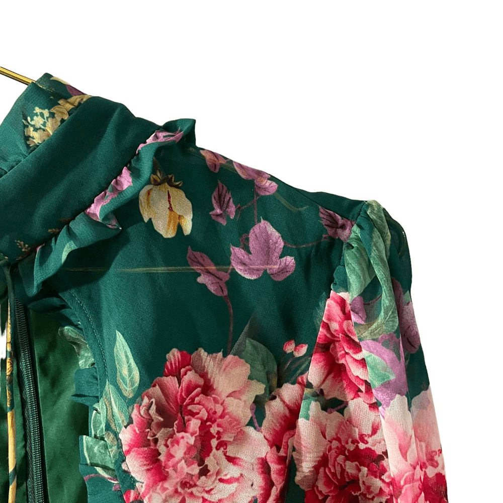 Keepsake Emerald Green Floral Ruffle High Neck Mini Dress Long Sleeve Sz 4  S | eBay
