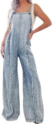 Women Loose Fit Denim Jumpsuit Adjustable Straps Wide Leg Long Pants Frayed Jean