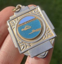 Oval Enamelled Silver Plated Gilt Art Deco Swimming Fob Medal