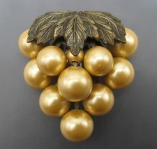 Vintage Golden Faux Pearls Grape Cluster Brass Leaves Fur Dress Clip