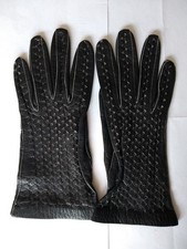 Damen Leder Handschuhe schwarz schmale Gr&ouml;&szlig;e 6,5 L&auml;nge 21 cm ungef&uuml;ttert Vintage