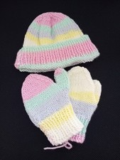 Hand knitted baby's rainbow coloured hat and mitts set