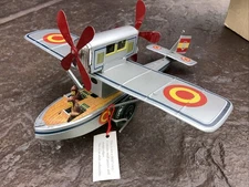 Paya Spain Tin Litho Working Windup Toy Seaplane Airplane Propeller Plane 1927