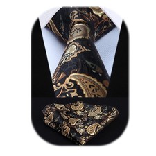 Black Ties for Men Paisley Tie and Pocket Square Gold Woven Classic Business ...