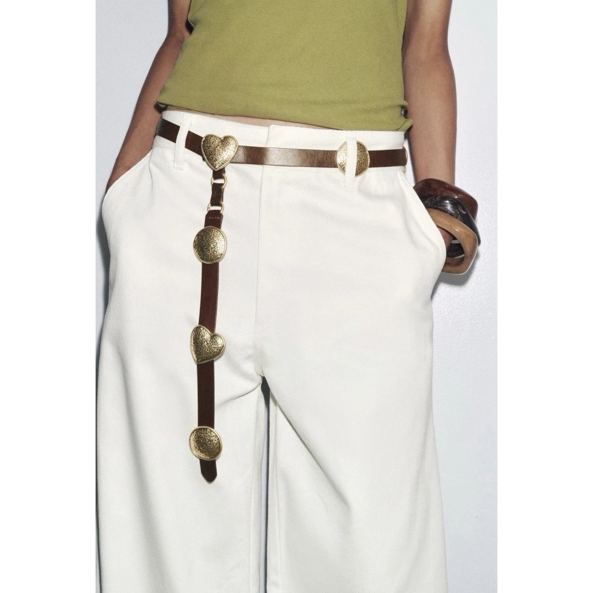 Zara NWT 100% leather belt with metal pieces hearts brown 100% LEATHER BELT WITH STONES - Brown | ZARA United States main image 3