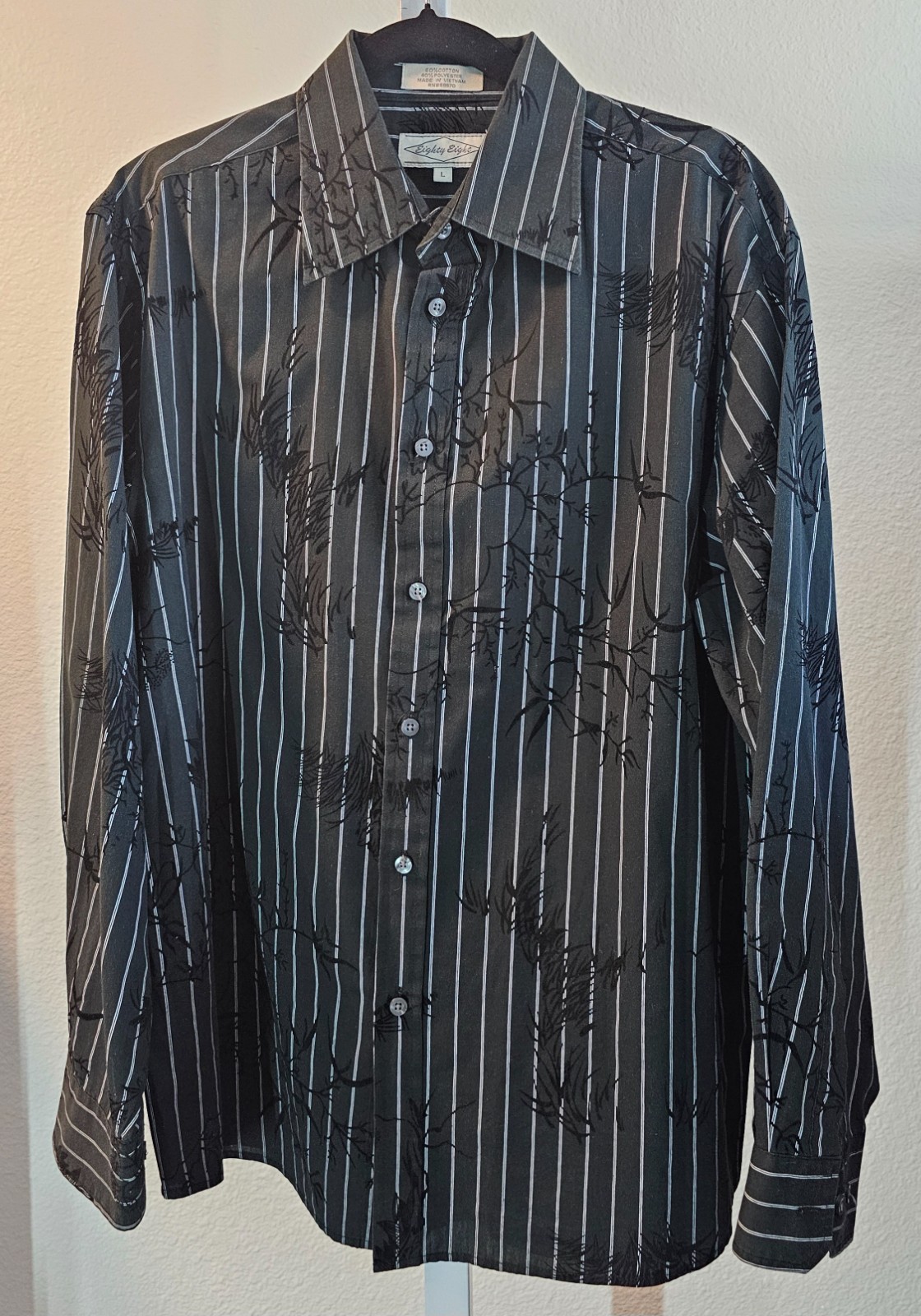 Eighty Eight Mens Long Sleeve Large Black White Striped Raised Velvet Button