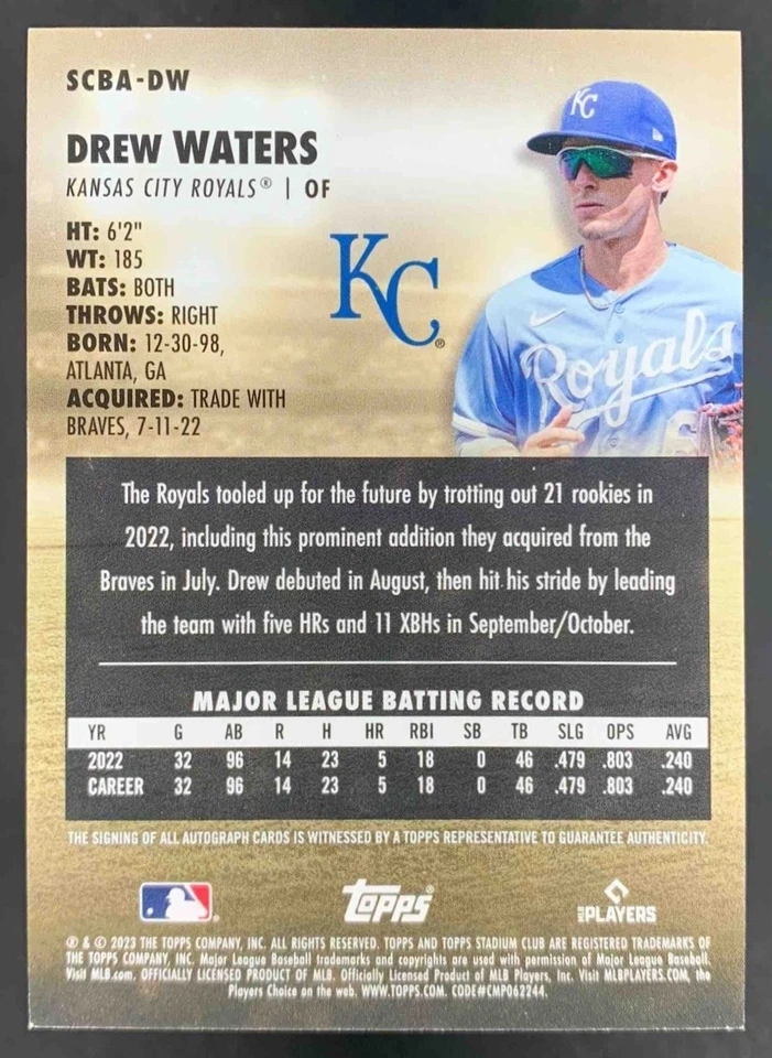 Drew Waters 2023 Topps Stadium Club Auto RC #SCBA-DW Royals - Image 2 of 2